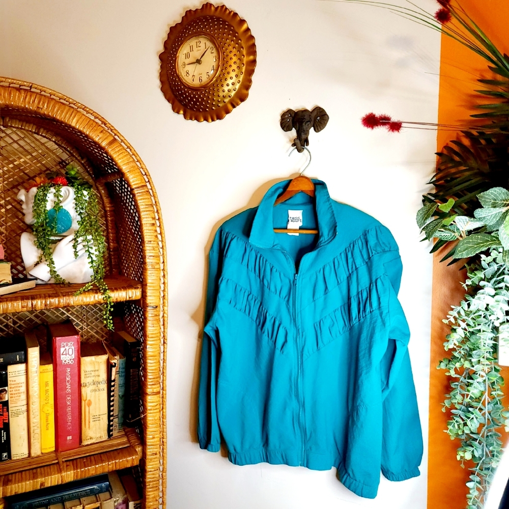 Vintage Teal Drop Shoulder Zipper Jacket.